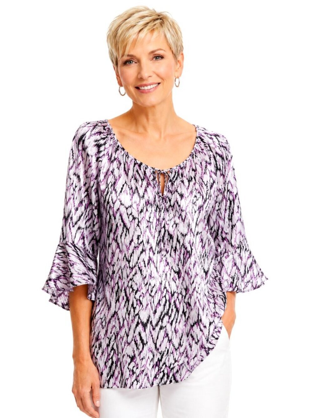 Nine West Purple Grey Black Abstract Silk Print Tunic Top